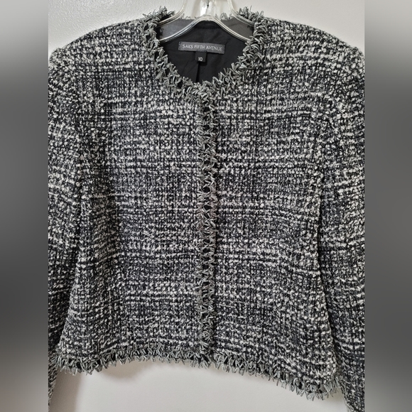 New Saks Fifth Avenue Black Tweed Wool Blend Frayed Trim Crop Blazer Size 10 - Picture 4 of 14